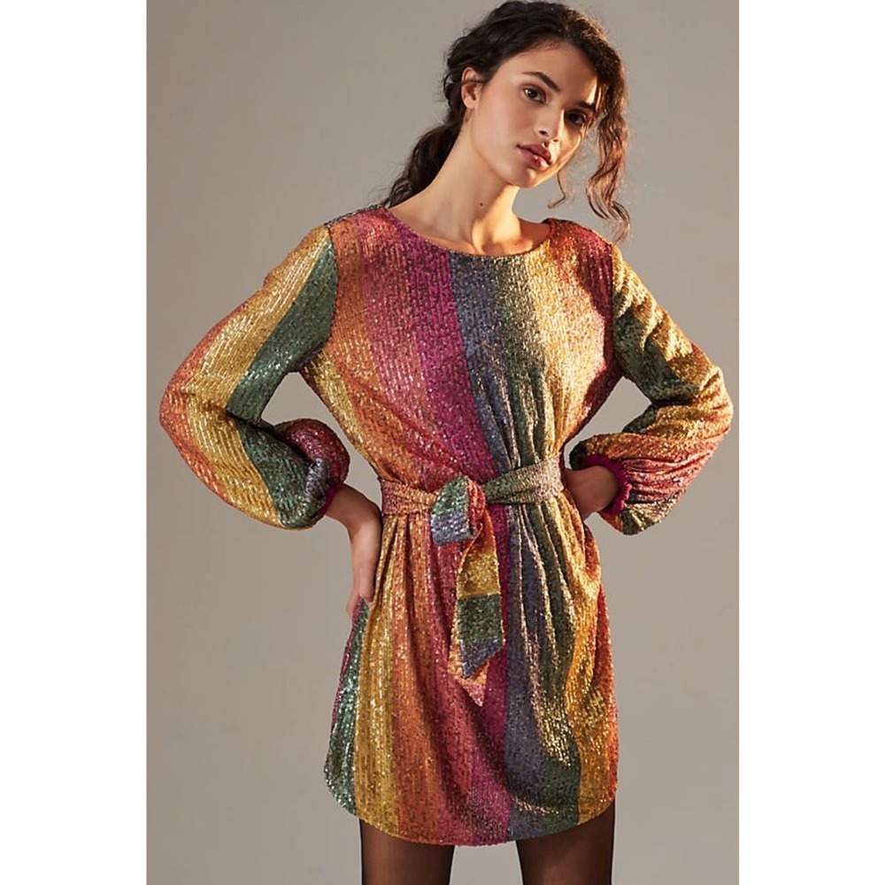 Farm Rio Rainbow Stripe Sequin Mini Dress Open Back Long Sleeve Multi Color S